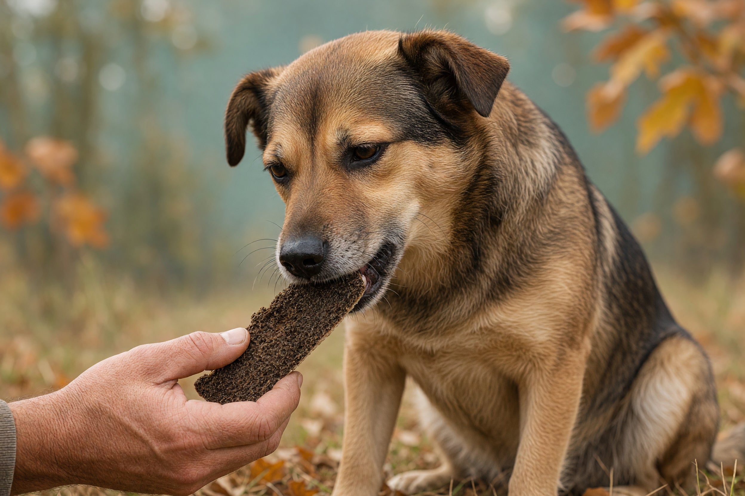 Hund mit Kauartikel im Herbstlaub